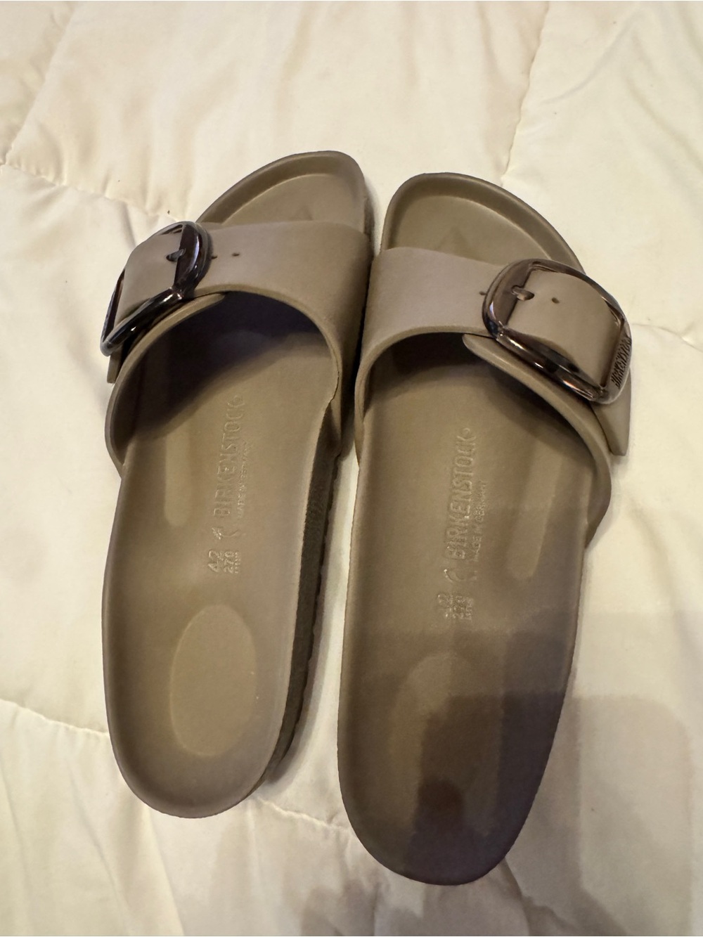 Birkenstock Single-Band Slide Sandals in Taupe/Brown